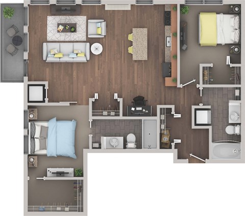 Floor plan for 2 beds, 2 baths, 1020 sqft